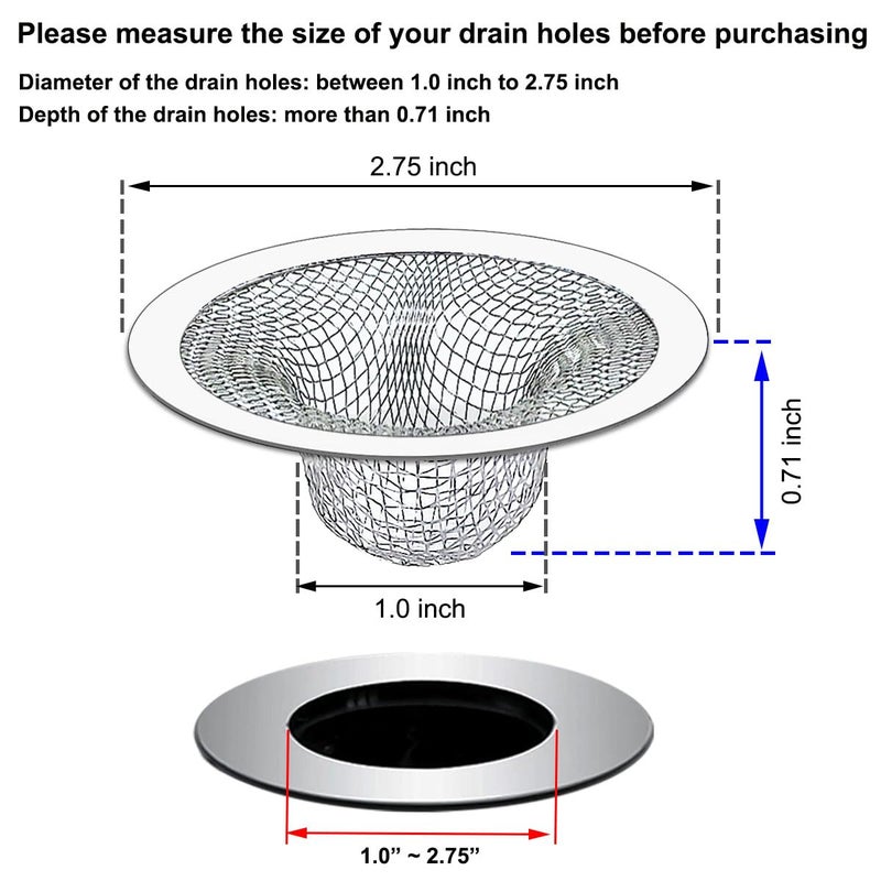 Seatery 2PCS Tub Drain Hair Catcher - 2.75 inch Shower Drain Mesh Strainer, Stainless Steel Shower Bathtub Drain Cover, Bathroom Sink Strainer Filter Basket for Bathroom Sink, Wash Basin Floor Drain - Image 2