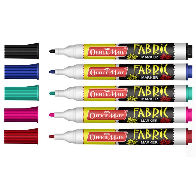 Office Mate Soni Officemate Fabric Marker | Wash-Resistant & Non-Toxic Ink | Ideal for T-Shirts, Tote Bags, Jeans & Canvas Art | 4.43 mm Bullet Tip | Pack of 5 (Multicolour) - Image 2