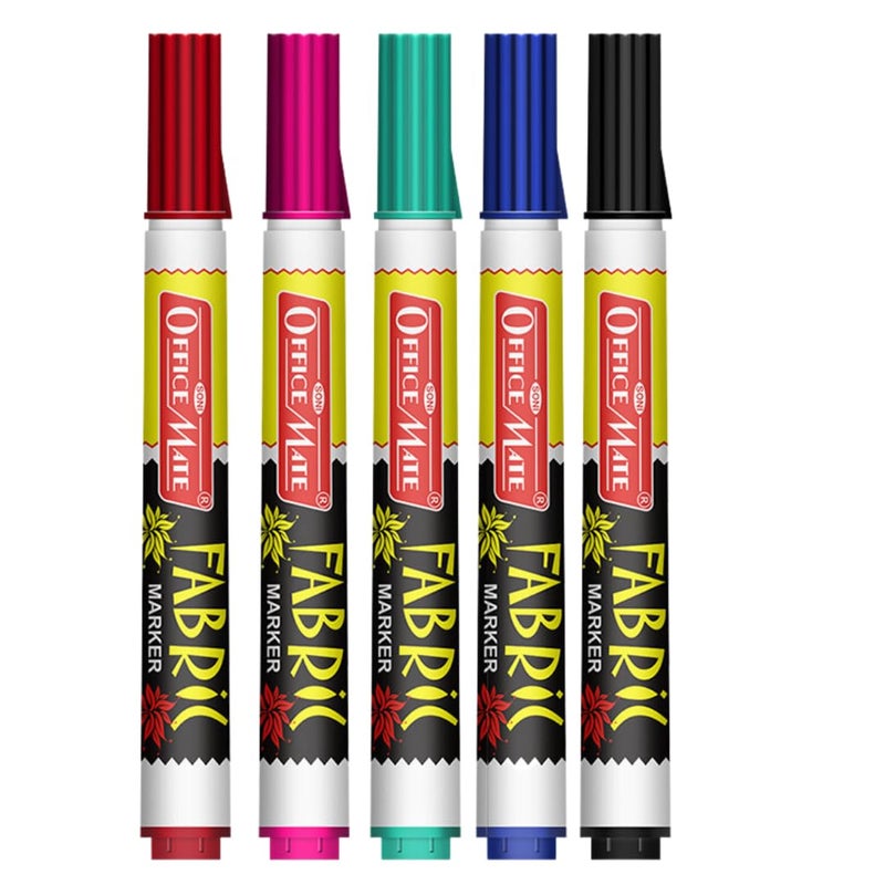 Office Mate Soni Officemate Fabric Marker | Wash-Resistant & Non-Toxic Ink | Ideal for T-Shirts, Tote Bags, Jeans & Canvas Art | 4.43 mm Bullet Tip | Pack of 5 (Multicolour) - Image 1