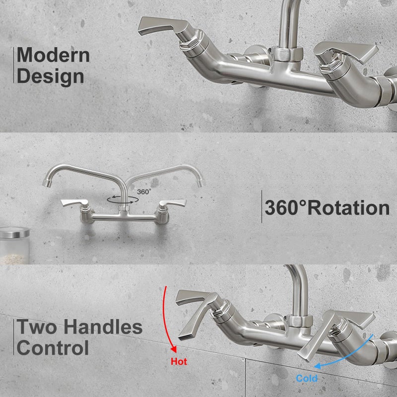 BWE Wall Mount Kitchen Faucets Faucet Faucet 8 Inch دوار SPOUT اثنين من مقبض الحوض التجاري صنبور 8 "" مركز المطبخ الحنفي الحنفي لفائدة الغسيل الخلاط الخلاط صنبور النيكل بالفرشاة - Image 4