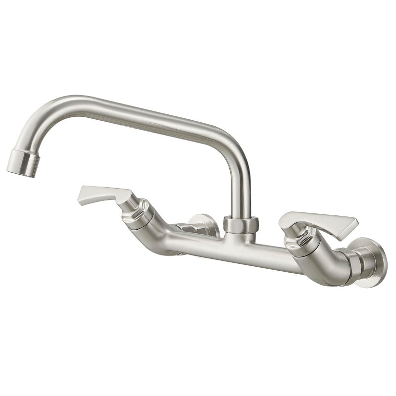 BWE Wall Mount Kitchen Faucets Faucet Faucet 8 Inch دوار SPOUT اثنين من مقبض الحوض التجاري صنبور 8 "" مركز المطبخ الحنفي الحنفي لفائدة الغسيل الخلاط الخلاط صنبور النيكل بالفرشاة - Image 1