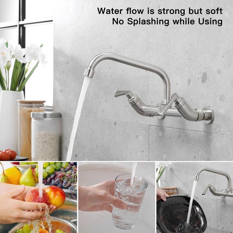 BWE Wall Mount Kitchen Faucets Faucet Faucet 8 Inch دوار SPOUT اثنين من مقبض الحوض التجاري صنبور 8 "" مركز المطبخ الحنفي الحنفي لفائدة الغسيل الخلاط الخلاط صنبور النيكل بالفرشاة - Image 3
