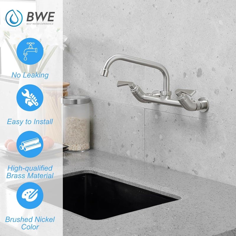 BWE Wall Mount Kitchen Faucets Faucet Faucet 8 Inch دوار SPOUT اثنين من مقبض الحوض التجاري صنبور 8 "" مركز المطبخ الحنفي الحنفي لفائدة الغسيل الخلاط الخلاط صنبور النيكل بالفرشاة - Image 2