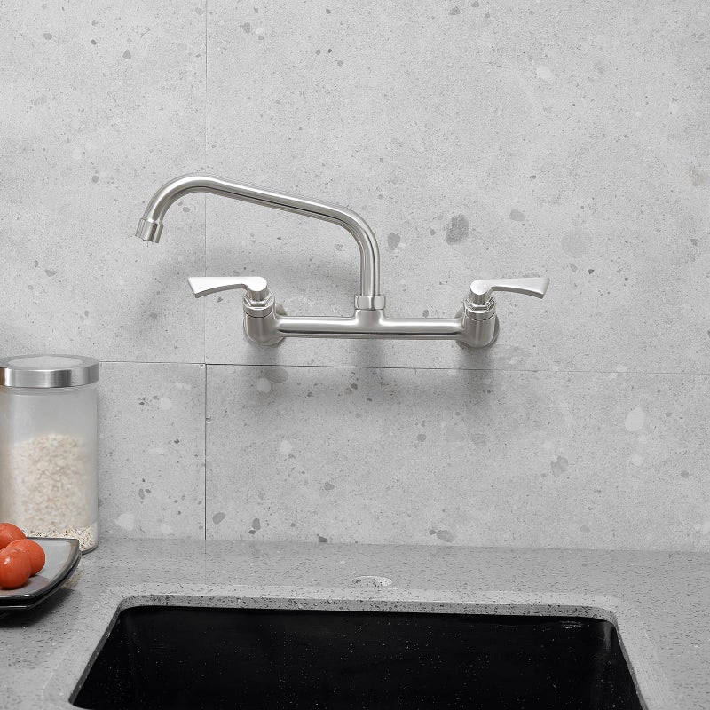 BWE Wall Mount Kitchen Faucets Faucet Faucet 8 Inch دوار SPOUT اثنين من مقبض الحوض التجاري صنبور 8 "" مركز المطبخ الحنفي الحنفي لفائدة الغسيل الخلاط الخلاط صنبور النيكل بالفرشاة - Image 5