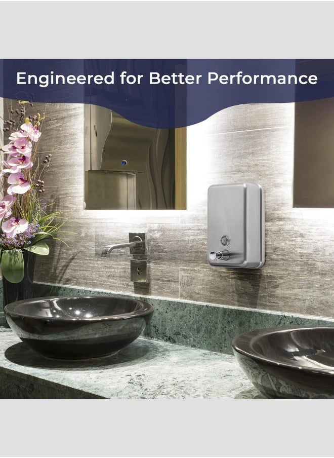AKC AKC Commercial Soap Dispenser Wall Mount - Stainless Steel Wall Mounted Soap Dispenser for Bathroom - New Superior Design with Premium Grade Anti-Leak Pump and Corrosion-Proof Lining  - Image 3