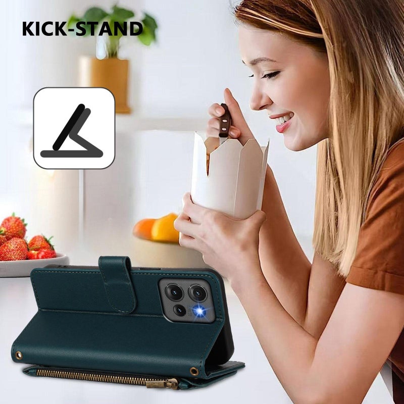 إيروريكس جراب هاتف موتورولا إيدج 50 5G العالمي متعدد البطاقات بسحاب من الجلد (أخضر غامق) - Image 5