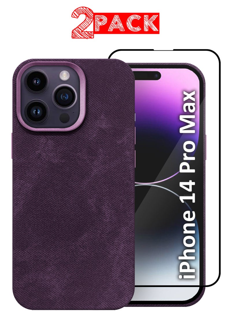 CATANES 2Packs iPhone 14 Pro Max Alcantara Case Cover Premium Quality Luxurious Soft Touch Protection with Metal Camera Frame with a 3D Screen Protector - Dark Purple  - Image 1