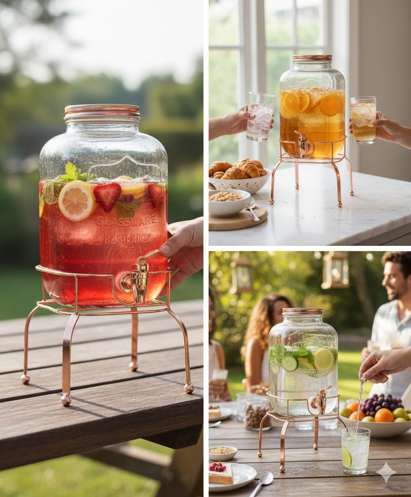 RAINCART Dispenser Imported Glassware Mason Jar, Juice, Water White Gold Beverage with Golden Tap and Golden Stand 5 Liter, 1 Piece - Image 3