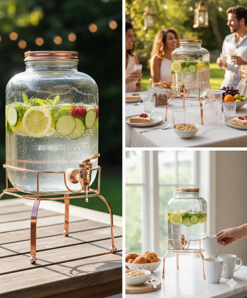 RAINCART Dispenser Imported Glassware Mason Jar, Juice, Water White Gold Beverage with Golden Tap and Golden Stand 5 Liter, 1 Piece - Image 2
