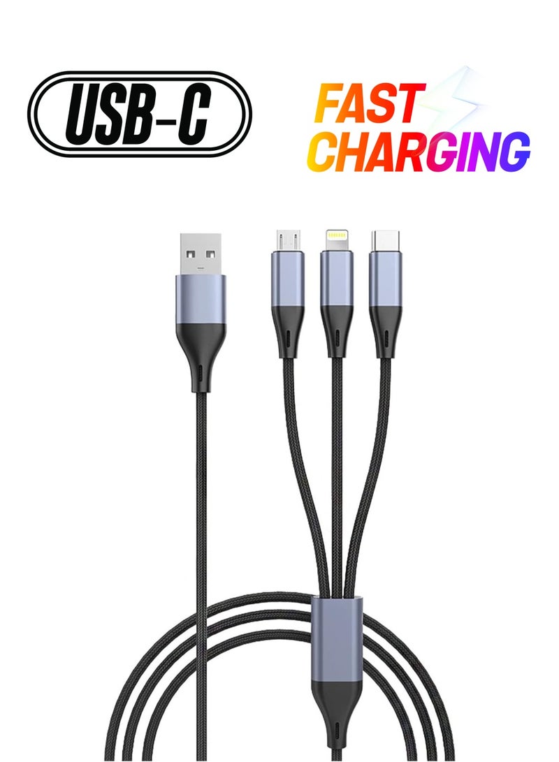 3-in-1 USB Charging Cable – 5A Fast Charge Braided Nylon Universal Cord with USB-C, Micro USB, and iOS Connectors - Image 1