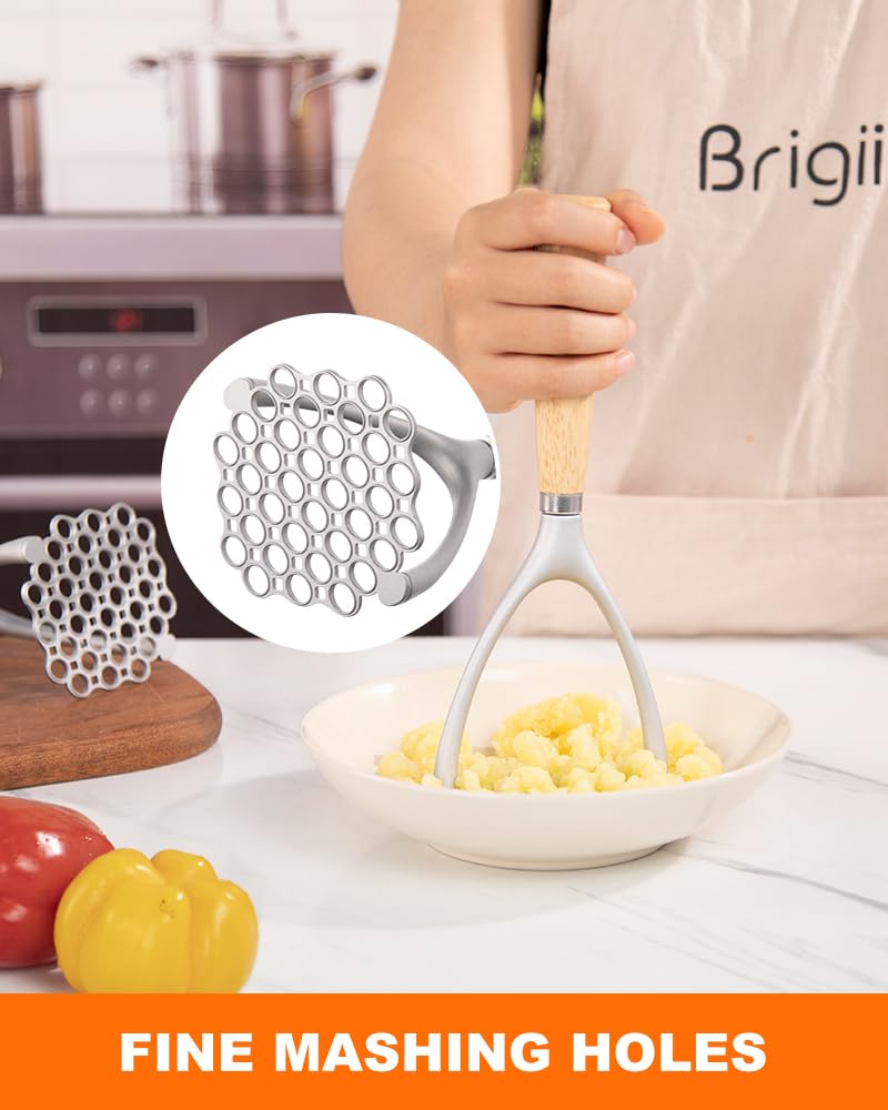Brigii Potato Masher with Wooden Handle, Manual Potato Press for Kitchen Tool, Aluminum Alloy Potato Ricer For Fluffy Mashed Potato - Image 2