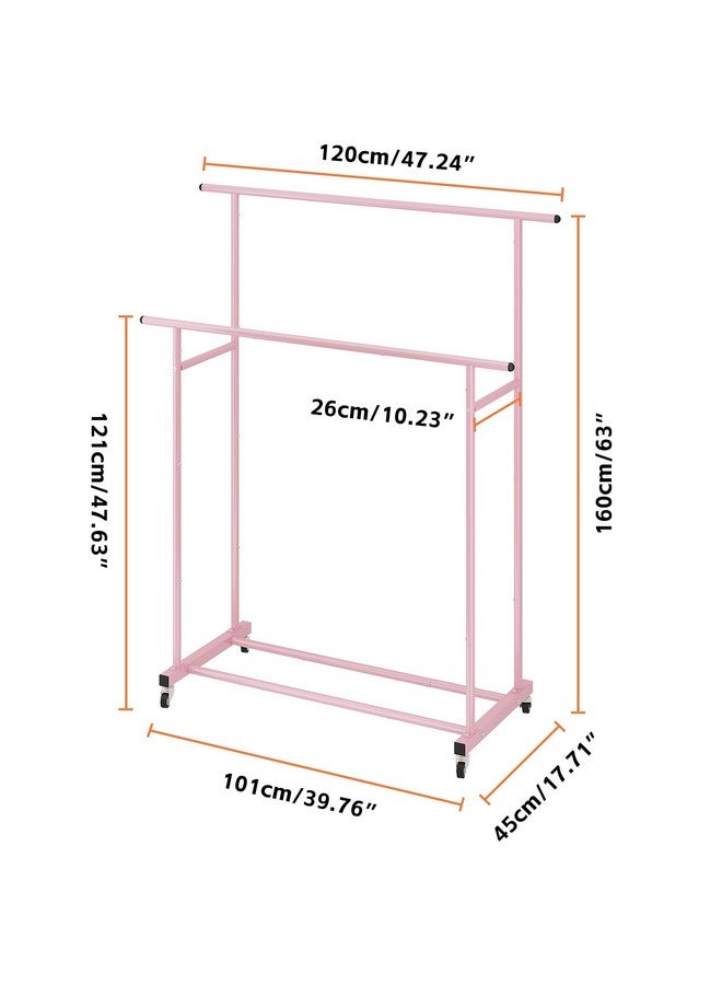 Calmootey Double Rod Clothing Garment Rack,Rolling Hanging Clothes Rack,Portable Clothes Organizer for Bedroom,Living Room,Clothing Store,Pink - Image 2