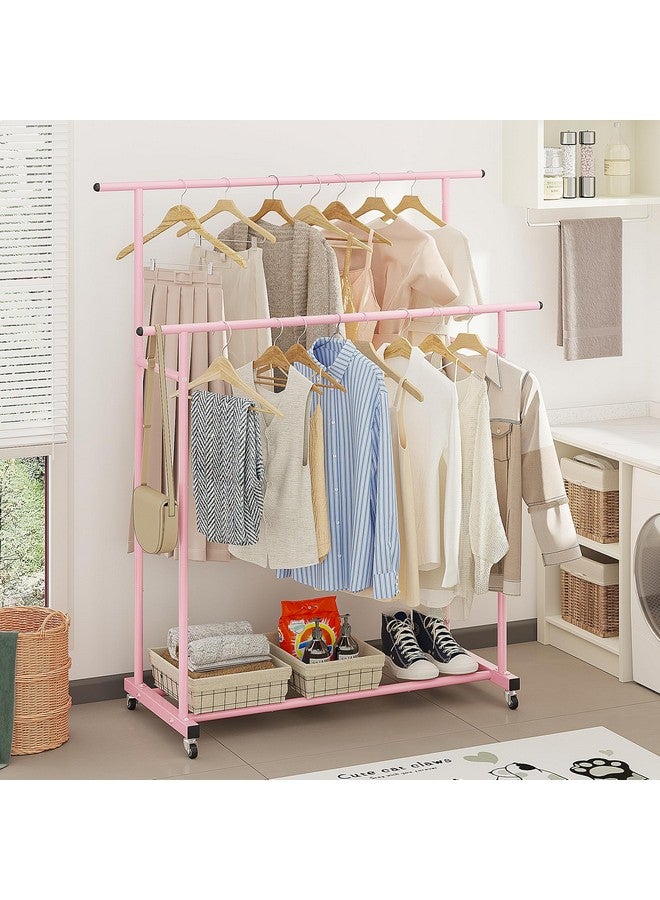 Calmootey Double Rod Clothing Garment Rack,Rolling Hanging Clothes Rack,Portable Clothes Organizer for Bedroom,Living Room,Clothing Store,Pink - Image 3