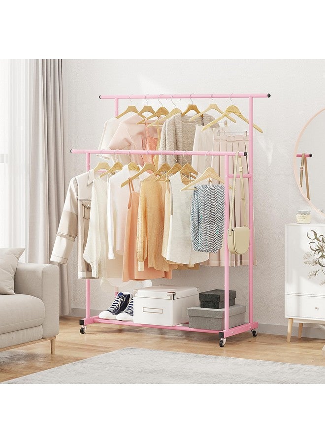 Calmootey Double Rod Clothing Garment Rack,Rolling Hanging Clothes Rack,Portable Clothes Organizer for Bedroom,Living Room,Clothing Store,Pink - Image 4