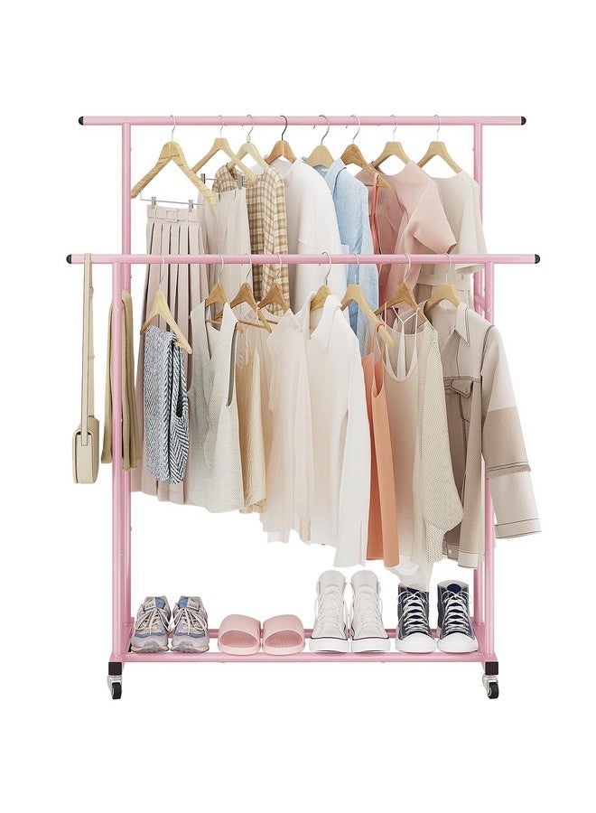 Calmootey Double Rod Clothing Garment Rack,Rolling Hanging Clothes Rack,Portable Clothes Organizer for Bedroom,Living Room,Clothing Store,Pink - Image 1