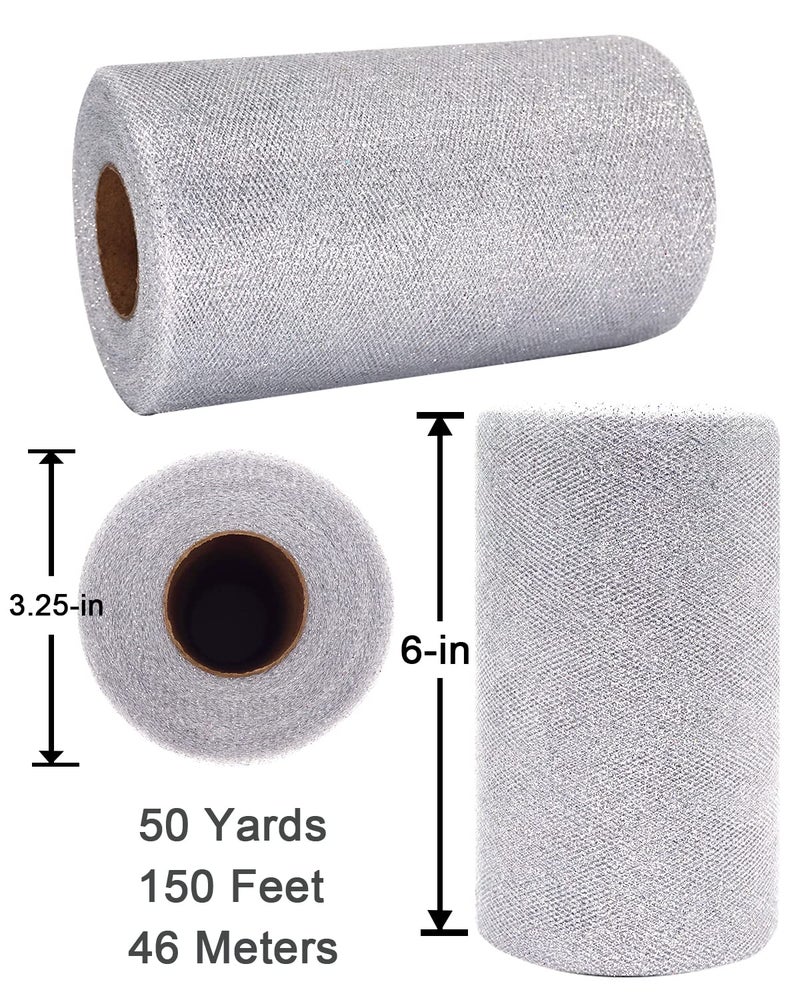 Ableme Deco Glitter Tulle Fabric Rolls, 6 Inch 50 Yards (150ft) Sparkling Spool Ribbon Sequin Netting for Tutu Skirt Gift Wrapping Wedding Party Decoration (Silver) - Image 3