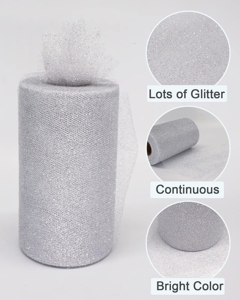 Ableme Deco Glitter Tulle Fabric Rolls, 6 Inch 50 Yards (150ft) Sparkling Spool Ribbon Sequin Netting for Tutu Skirt Gift Wrapping Wedding Party Decoration (Silver) - Image 2