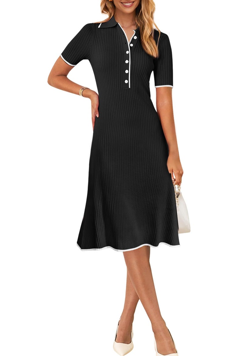 MEROKEETY Women's V Neck Ribbed Knit Midi Dress Short Sleeve Button Elegant Bodycon Sweater Dresses, Black, Small - Image 1