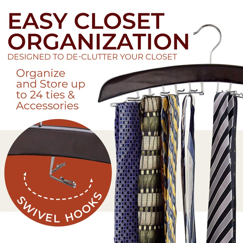 Richards Wooden Tie Rack Hanging Organizer for Mens Closet Accessories, Space Saving Necktie Holder for Storage and Display, Holds 24 Ties, Hook, Walnut Wood with Chrome Accents - Image 5