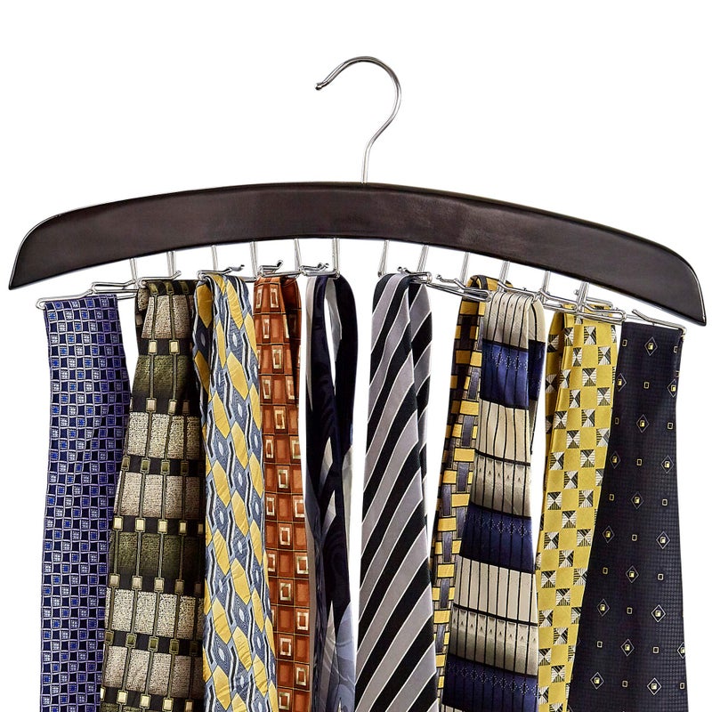 Richards Wooden Tie Rack Hanging Organizer for Mens Closet Accessories, Space Saving Necktie Holder for Storage and Display, Holds 24 Ties, Hook, Walnut Wood with Chrome Accents - Image 1