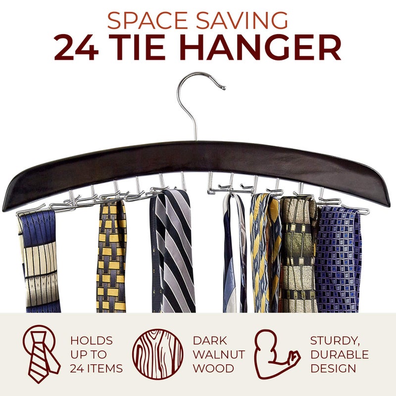 Richards Wooden Tie Rack Hanging Organizer for Mens Closet Accessories, Space Saving Necktie Holder for Storage and Display, Holds 24 Ties, Hook, Walnut Wood with Chrome Accents - Image 4