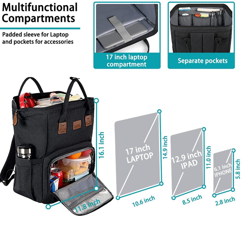 MAQTOIZ 17 Inch Laptop Backpack, Large Lunch Backpack for Women Men Gifts, Travel Carry On with Lunch Box and USB Port, Insulated Cooler Bookbag Nurse Work Backpacks, Black - Image 5