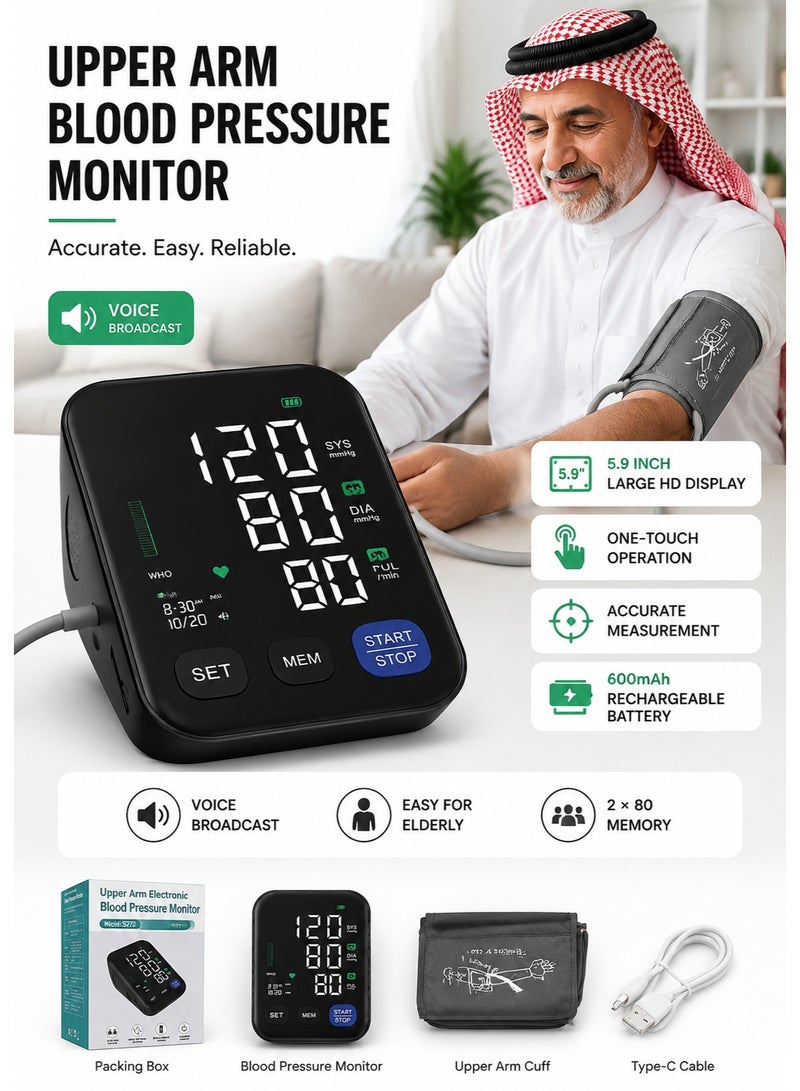 HUMJO 6-Inch Large Screen Electronic Blood Pressure Monitor ,Upper Arm Home Bp Machine With Voice Broadcast Function, 600MAh Rechargeable Battery. - Image 1