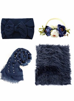 Newborn Photography Props Set, 4 Pcs Baby Long Ripple Wrap and Toddler Swaddle Blankets with Headbands for Infants, Ideal for Studio Photo Sessions (Dark Blue)