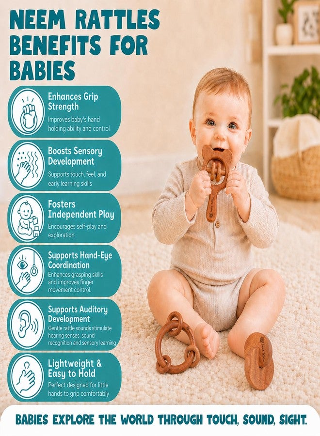SMARTTHINKER Neem Wood Baby Rattle Combo Set for Infants & Toddlers | Montessori Sensory Grasping & Teether Toys | Early Learning Wooden Toys for Newborn Babies - Image 3