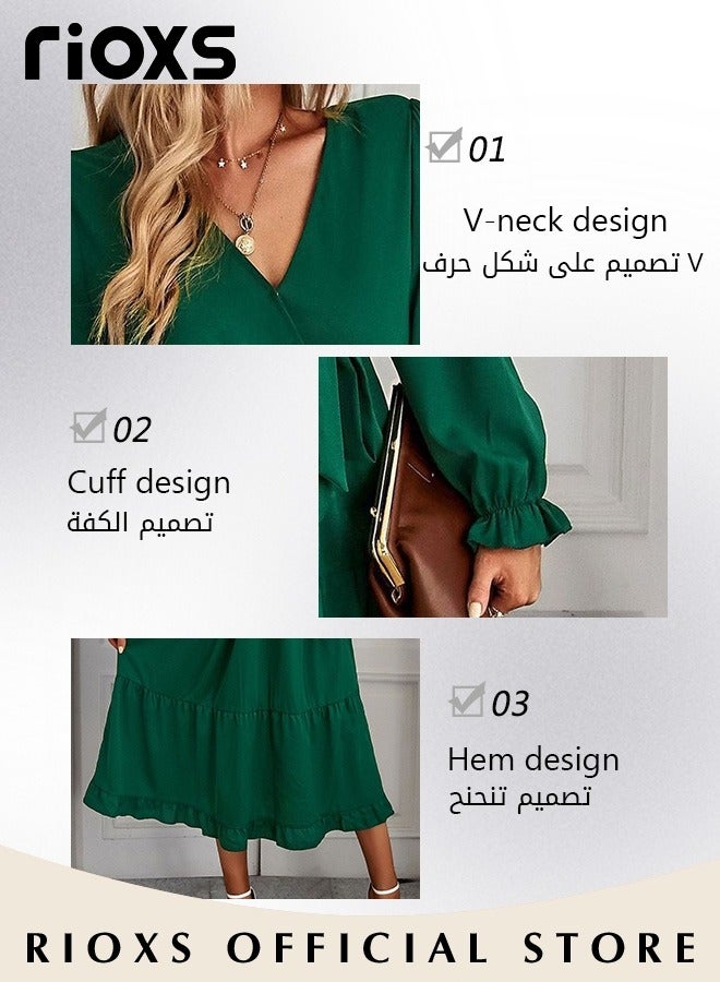 RIOXS Women's V-neck Long Puff Sleeve Dress Elegant Tie Waist Chiffon Long Dress Wedding Guest Formal Dress - Image 5
