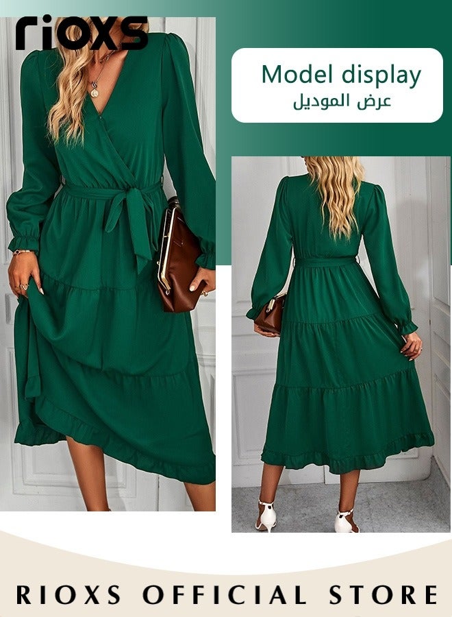 RIOXS Women's V-neck Long Puff Sleeve Dress Elegant Tie Waist Chiffon Long Dress Wedding Guest Formal Dress - Image 3