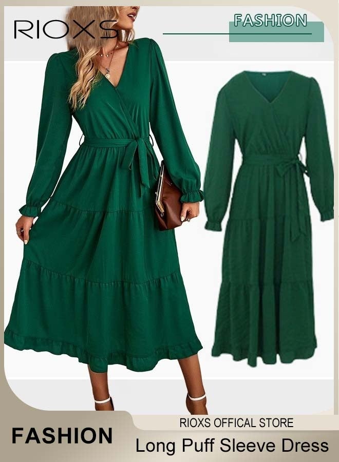 RIOXS Women's V-neck Long Puff Sleeve Dress Elegant Tie Waist Chiffon Long Dress Wedding Guest Formal Dress - Image 1