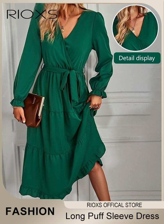 RIOXS Women's V-neck Long Puff Sleeve Dress Elegant Tie Waist Chiffon Long Dress Wedding Guest Formal Dress - Image 2