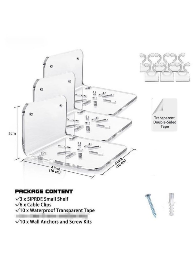 Acrylic Small Wall Shelf Set of 3 for Security Cameras, Speakers, Baby Monitors, Universal Adhesive Shelf Easy to Install No Drill, with Cable Clips (Clear)  - Image 2