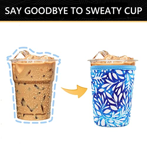 YR Reusable Neoprene Insulator Sleeve for Iced Coffee Cups, 3 Pack Coffee Coolies sleeves for Iced & Hot Drinks, Cold Beverage Cooler Compatible with Starbucks Coffee and More (Blue Leaves) - Image 3