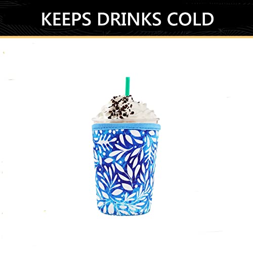 YR Reusable Neoprene Insulator Sleeve for Iced Coffee Cups, 3 Pack Coffee Coolies sleeves for Iced & Hot Drinks, Cold Beverage Cooler Compatible with Starbucks Coffee and More (Blue Leaves) - Image 4