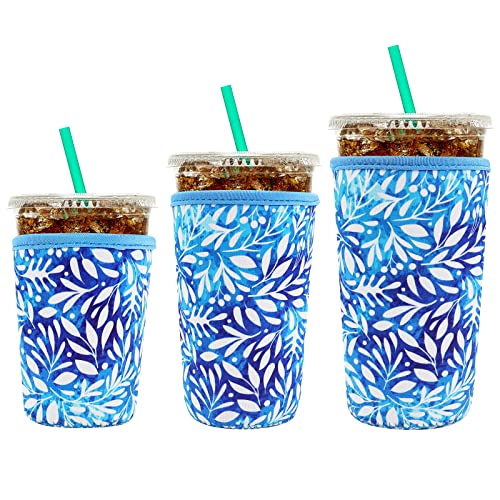 YR Reusable Neoprene Insulator Sleeve for Iced Coffee Cups, 3 Pack Coffee Coolies sleeves for Iced & Hot Drinks, Cold Beverage Cooler Compatible with Starbucks Coffee and More (Blue Leaves) - Image 1