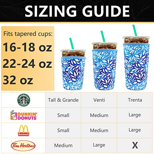 YR Reusable Neoprene Insulator Sleeve for Iced Coffee Cups, 3 Pack Coffee Coolies sleeves for Iced & Hot Drinks, Cold Beverage Cooler Compatible with Starbucks Coffee and More (Blue Leaves) - Image 2