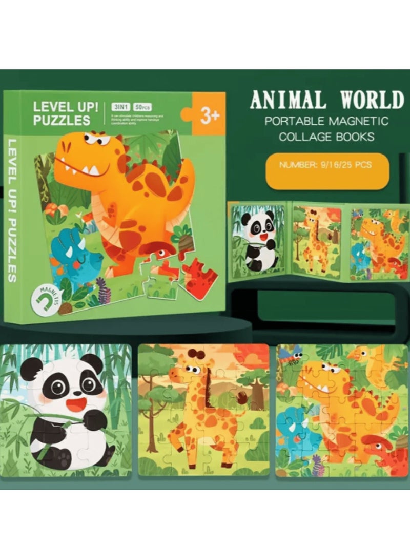 Magnetic 3-in-1 Graduated Difficulty Puzzle Book, Educational Logic Development Jigsaw Toy, Durable Paper Material, for Ages 3+, Ideal  for Boys  Girls - Animals World  - Image 1