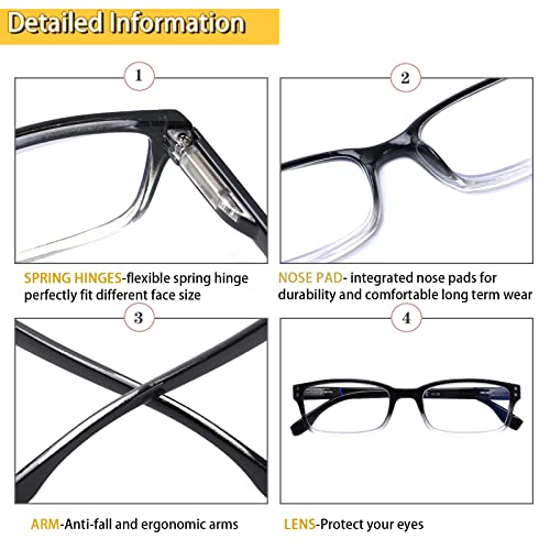 Kerecsen 4 Pack Reading Glasses for Men and Women with Spring Hinges, Lightweight Black Rectangular Readers Eyeglasses (4 Pack Black/Clear, 2.0, x) - Image 3