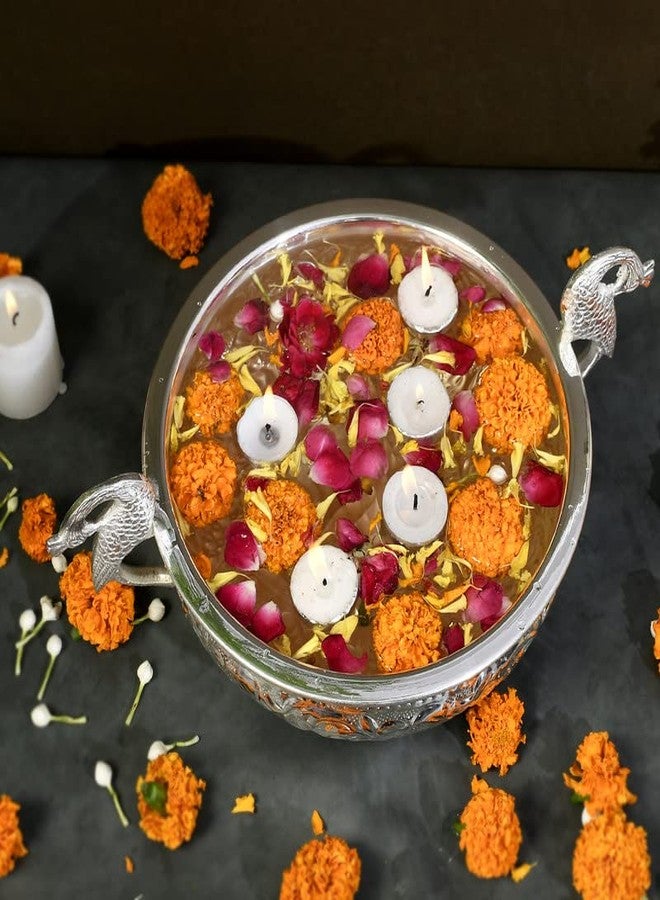 JAIPUR ACE Decorative Pure Brass Silver Plated Urli with Peacock Handle l Urli for Home Decor l Ideal for Gifting and Pooja and Decoration l Weight - 750 gm (8" Diameter Urli & 4.5" Height) - Image 2