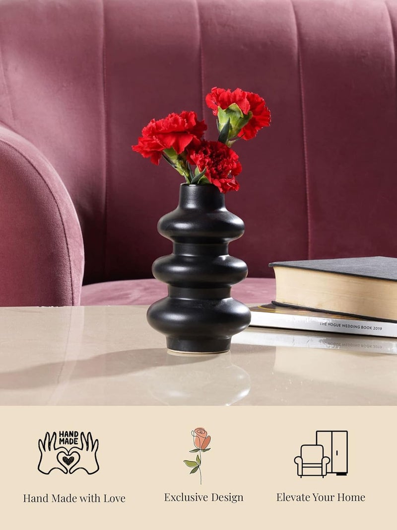 PUREZENTO Round Shaped Black Matte Finish Ceramic Designer Flower Vase for Home Decor Centre Table Bedroom Side Corner - Image 3