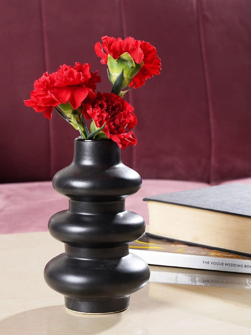 PUREZENTO Round Shaped Black Matte Finish Ceramic Designer Flower Vase for Home Decor Centre Table Bedroom Side Corner - Image 1
