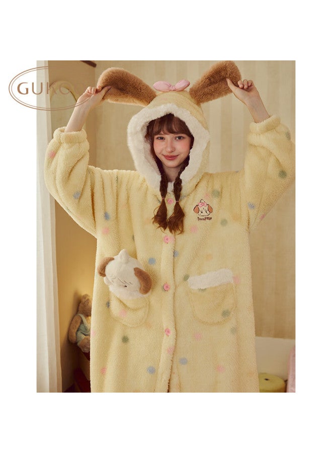 Gukoo Women's Winter Pajamas New Cute Homewear Warm Hooded Cartoon Robe Custard Yellow XL - Image 2