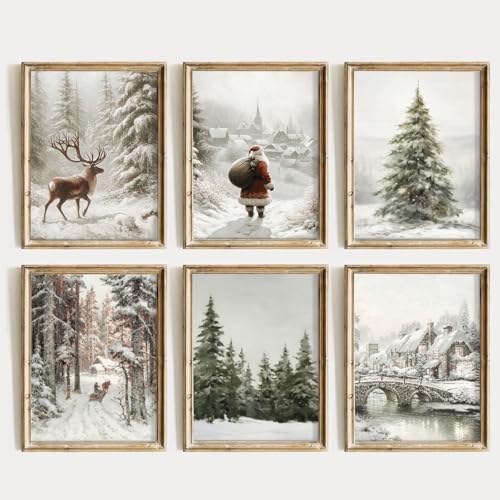 Pennclys Vintage Christmas Wall Art Winter Canvas Wall Decor Christmas Tree Poster Santa Claus Farmhouse Prints Christmas Reindeer Pictures for Living Room Bathroom 8x10x6 Inch Unframed - Image 1