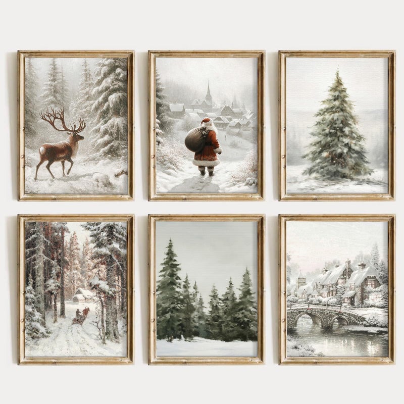 Pennclys Vintage Christmas Wall Art Winter Canvas Wall Decor Christmas Tree Poster Santa Claus Farmhouse Prints Christmas Reindeer Pictures for Living Room Bathroom 8x10x6 Inch Unframed - Image 2
