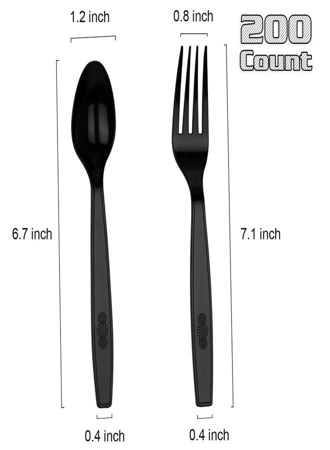 MOACOCK 200 Count Black Plastic Silverware, Heavy Weight Plastic Forks Spoons, Disposable Utensils Cutlery Set for Wedding Party Supplies Everyday Use - Image 2