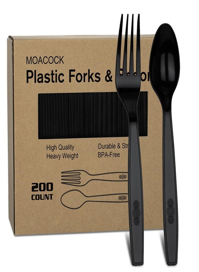 MOACOCK 200 Count Black Plastic Silverware, Heavy Weight Plastic Forks Spoons, Disposable Utensils Cutlery Set for Wedding Party Supplies Everyday Use - Image 1
