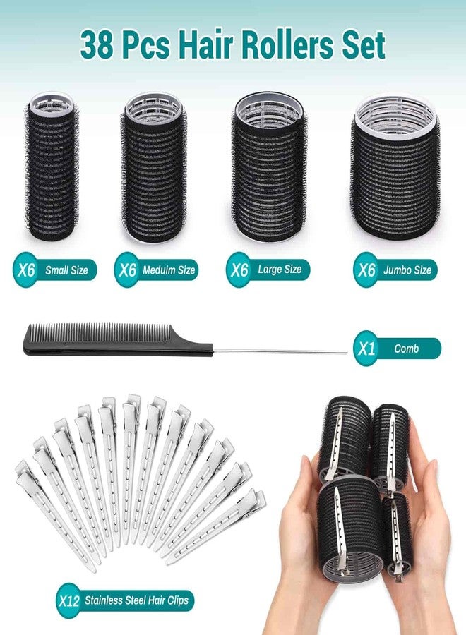 Acejoz Hair Rollers for Blowout Look, 38 Pcs Self Grip Hair Rollers Set with 4 Sizes, 12 Pcs Hair Clips, Comb and Storage Bag for Hair Volume (Black) - Image 2