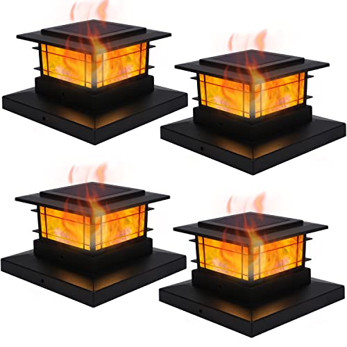 Dynaming 4 Pack Solar Post Cap Lights Outdoor with Flickering Flame Light, Fence Post Solar Lights Fit for 4x4 5x5 6x6 Vinyl/Wooden Posts, High Brightness SMD LED Lighting Decor for Garden Deck Patio - Image 1